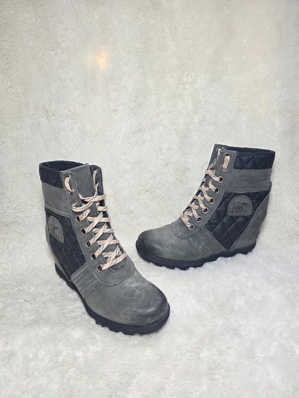 Sorel Evie Sport Lace Waterproof Wedge Boots Ash Brown Gray Black 8 Chic Sporty